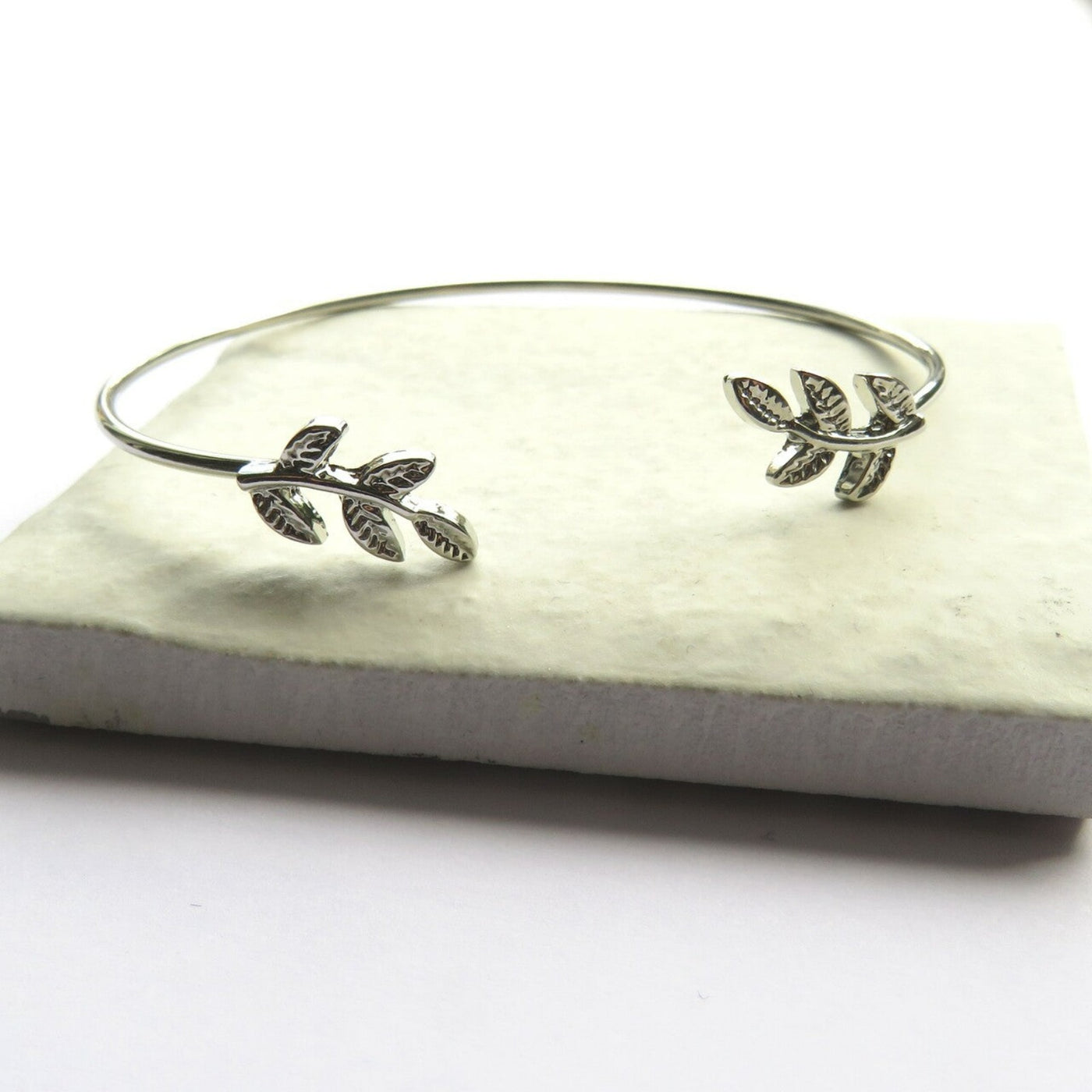 Women's Silver Leaf Bangle Bracelet In Gift Box 