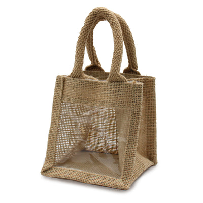 Natural Jute Single Candle Jar Gift Bag With Clear Window And Handle.