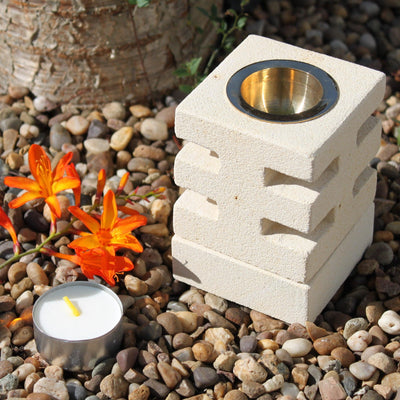 Indonesian Handmade Natural Sandstone And Brass Cut Out Brick Oil Burner.