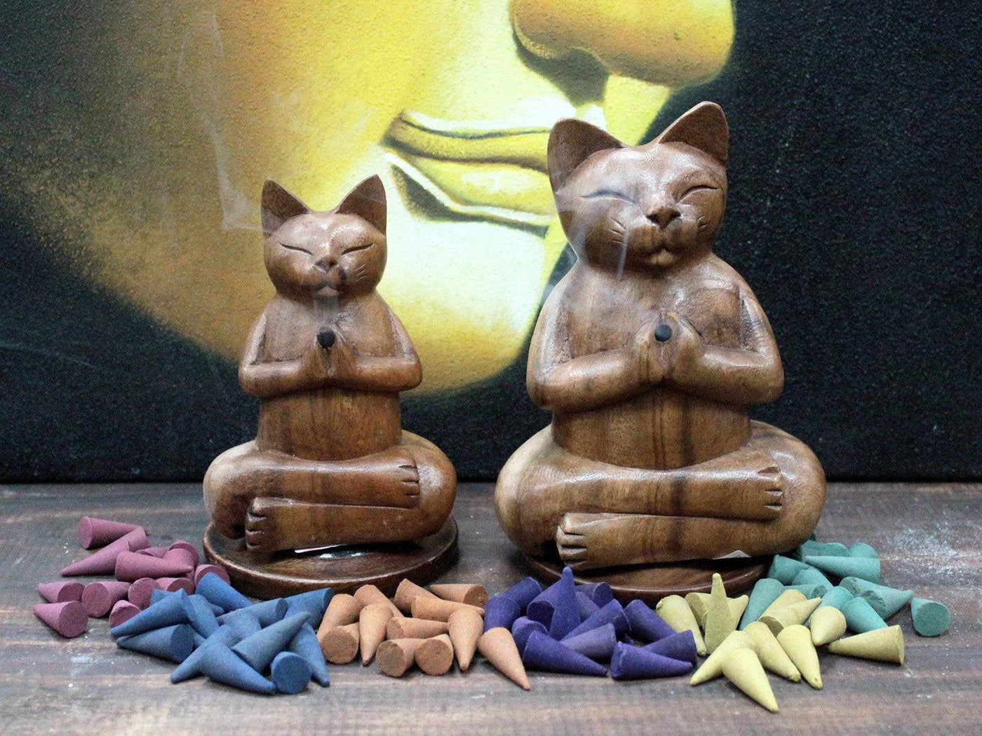 Handcrafted Wooden Carved Incense Yoga Cat Incense Cone Burners.