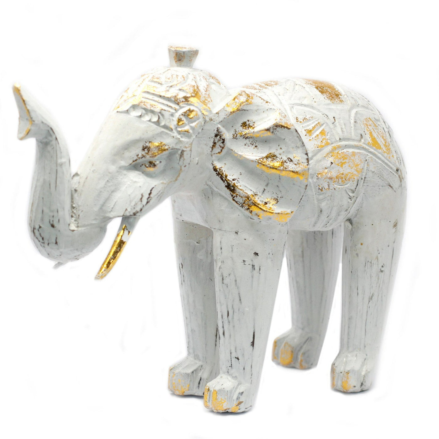 Wood Hand Carved Elephant Ornament - White Gold.