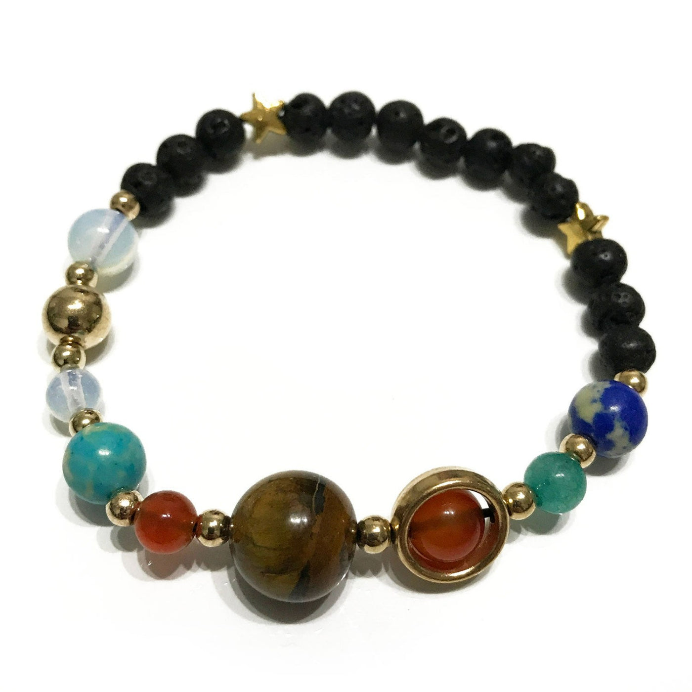 Gold Solar System Lava Stone Women's Bracelet With Beads And Gemstones.