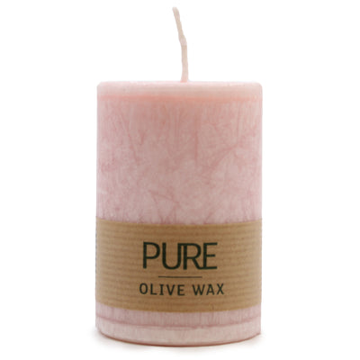 Pure Olive Unfragranced Handmade Antique Rose Wax Pillar Candle.