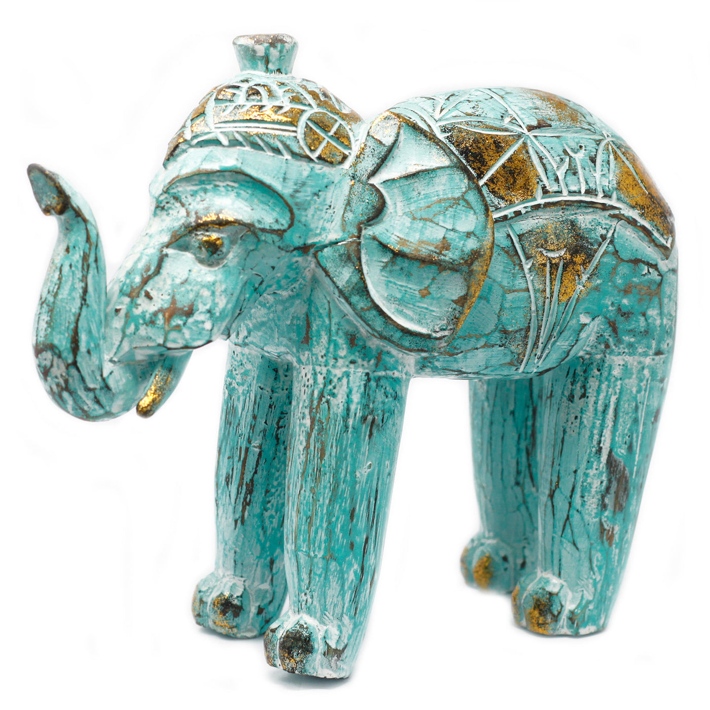 Wood Hand Carved Elephant Ornament - Turquoise Gold.
