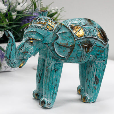 Wood Hand Carved Elephant Ornament - Turquoise Gold.