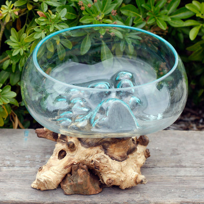 Molten Glass On Gamal Wood Handmade Decorative Large Open Bowl.