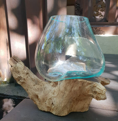 Molten Glass On Gamal Wood Handmade Decorative Large Bowl.