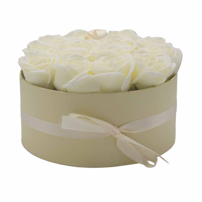 Body Soap Fragranced Flowers Gift Rose Bouquet - 14 Cream Roses In Round Gift Box.