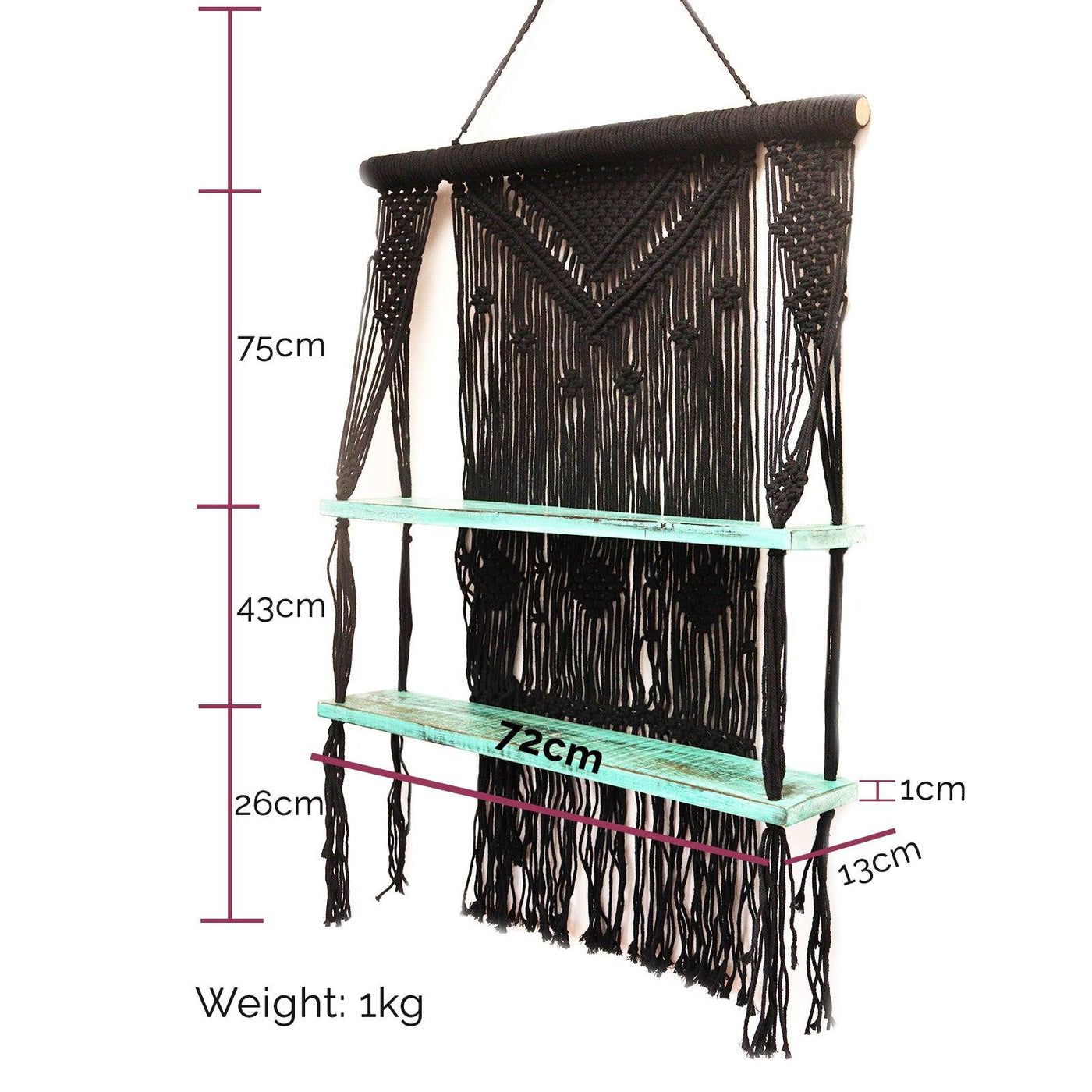 Natural Boho Macrame 2 Tier Wooden Hanging Wall Shelves - Turquoise 
