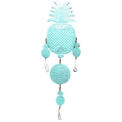 Large Bali Style Aluminium Pineapple Wall Decor With Tassels In Pink, Mint And White.