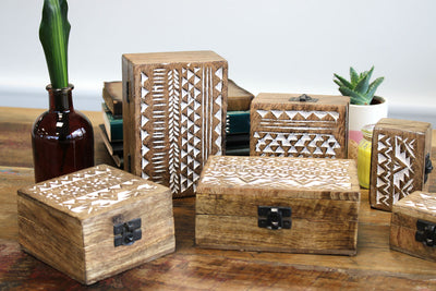 White Washed Wooden Storage Box - Aztec Design 6 x 4 Inch. 