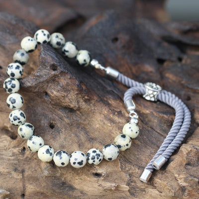 925 Silver Plated Gemstone Charcoal String Bracelet Dalmatian Jasper.