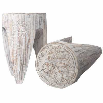 Set Of Two Natural Whitewash Wooden Tribal Interlocking Tables Stools With Lotus Design.