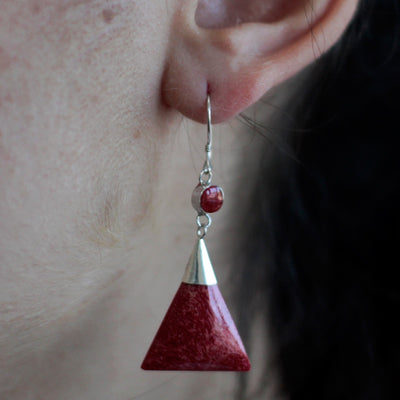 Sterling Silver Triangle Coral Imitation Earrings.