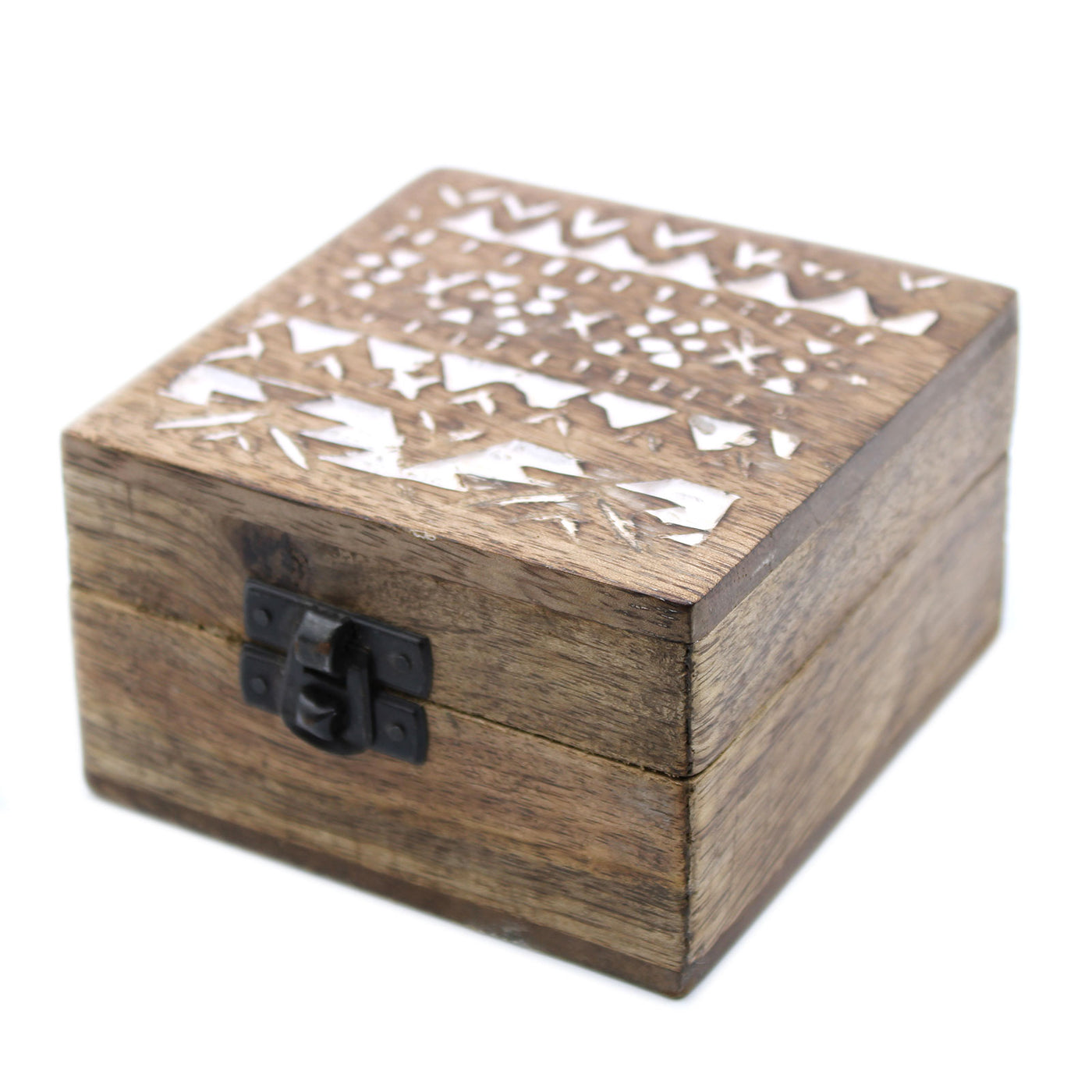 White Washed Wooden Storage Box - Slavic Design 4 x 4 Inch. 