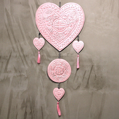 Large Bali Style Aluminium Heart Wall Decor With Tassels In Pink, Mint And White.