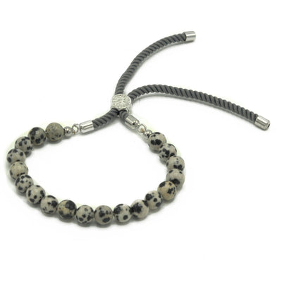 925 Silver Plated Gemstone Charcoal String Bracelet Dalmatian Jasper.