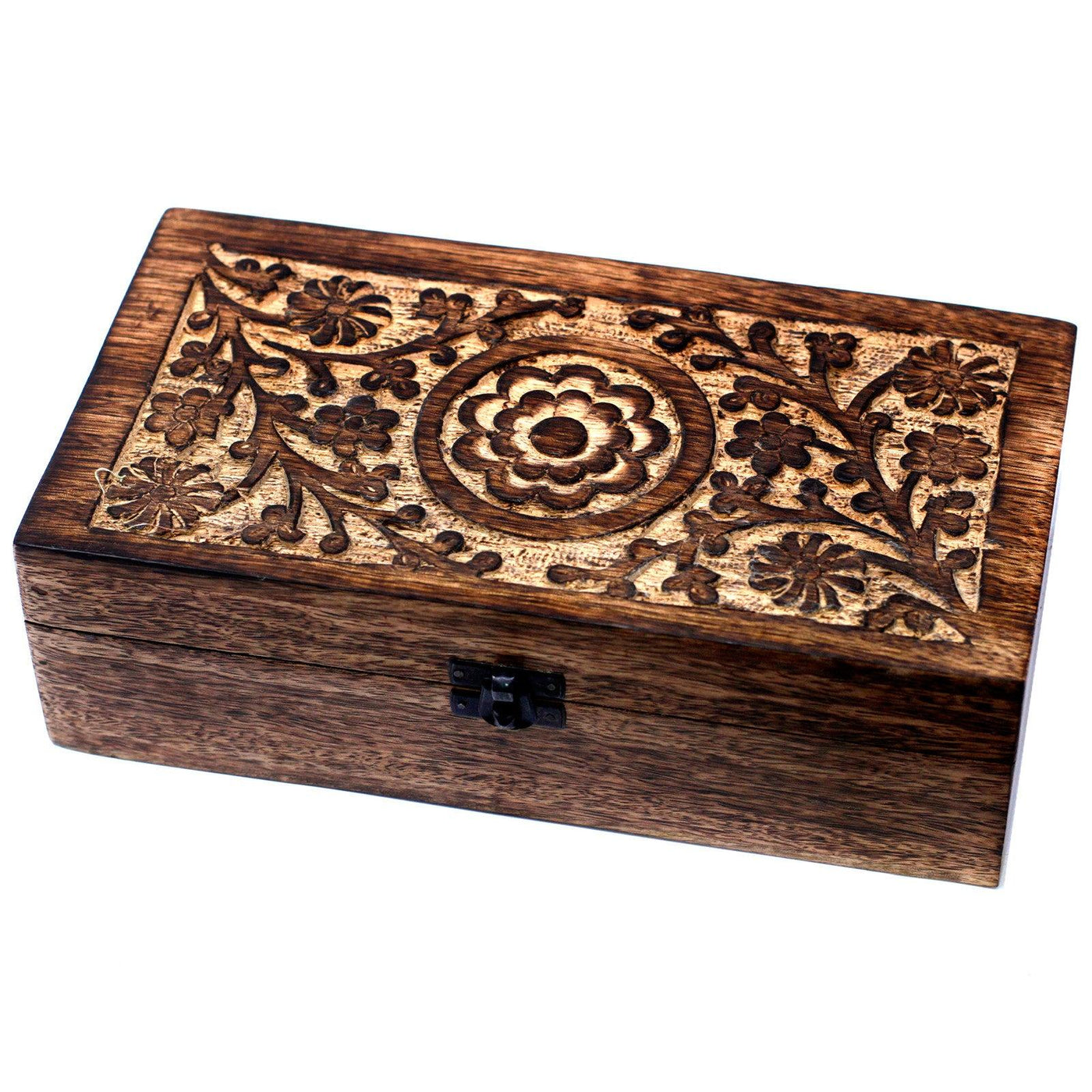 Floral Carved Mango Wood Aromatherapy And Jewellery Oils Storage Box for 10ml Bottles.