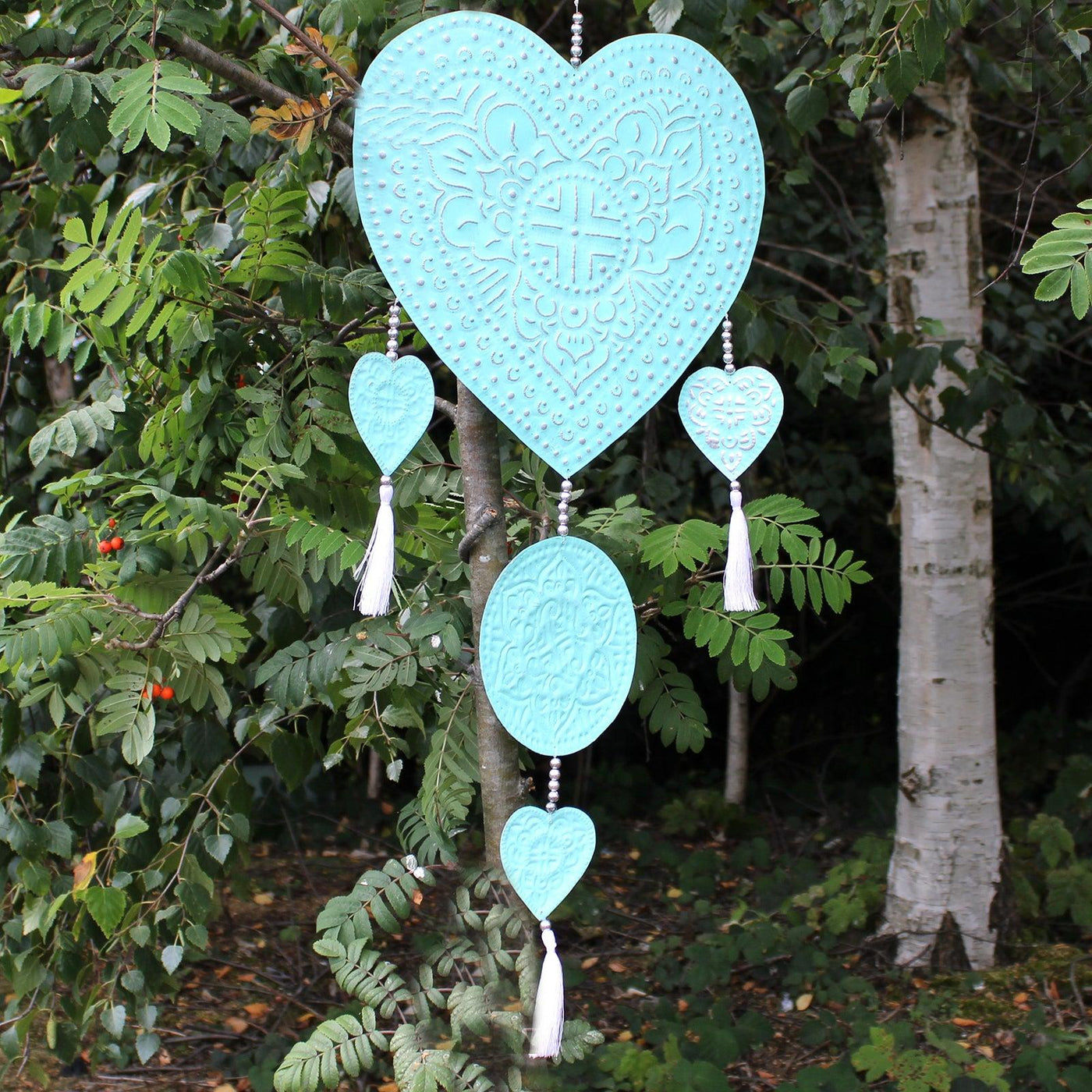 Large Bali Style Aluminium Heart Wall Decor With Tassels In Pink, Mint And White.