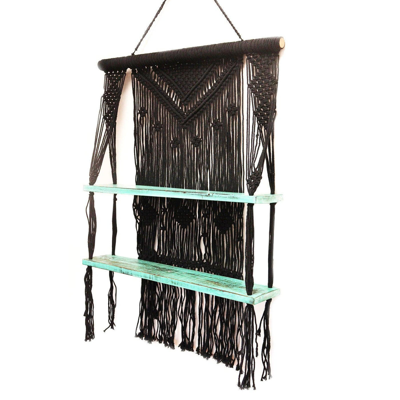 Natural Boho Macrame 2 Tier Wooden Hanging Wall Shelves - Turquoise 