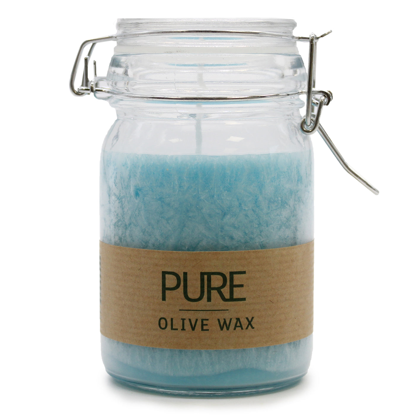 Pure Olive Unfragranced Handmade Turquoise Glass Jar Candle.