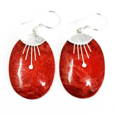 Sterling Silver Oval Decor Coral Imitation Earrings.