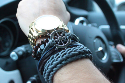 Men's Dark Brown & Black Leather Charm Bracelet Set.