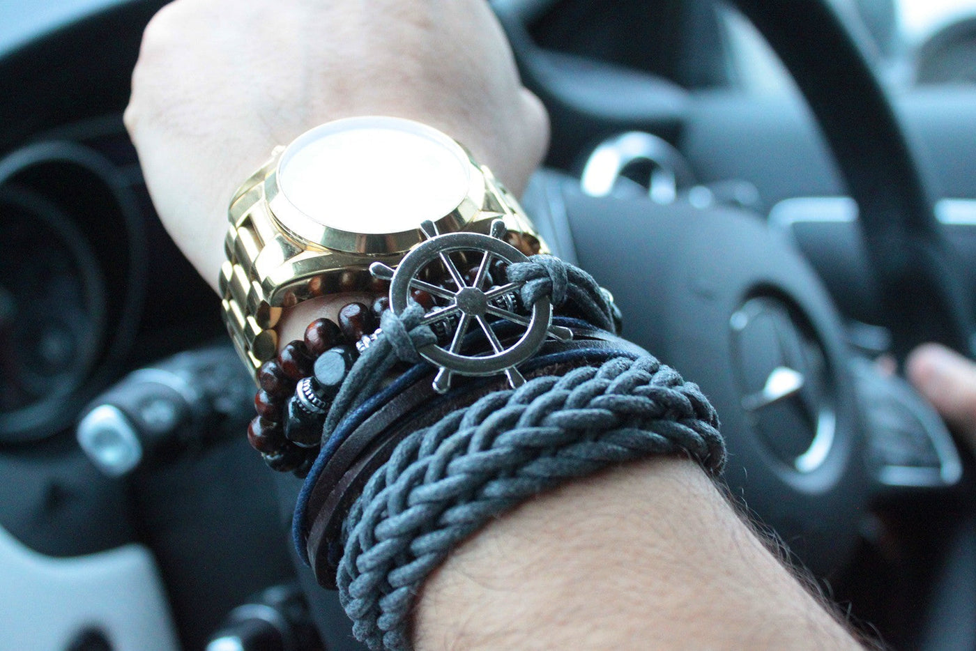 Men's Grey Black Brown Leather Charm Bracelet Set.