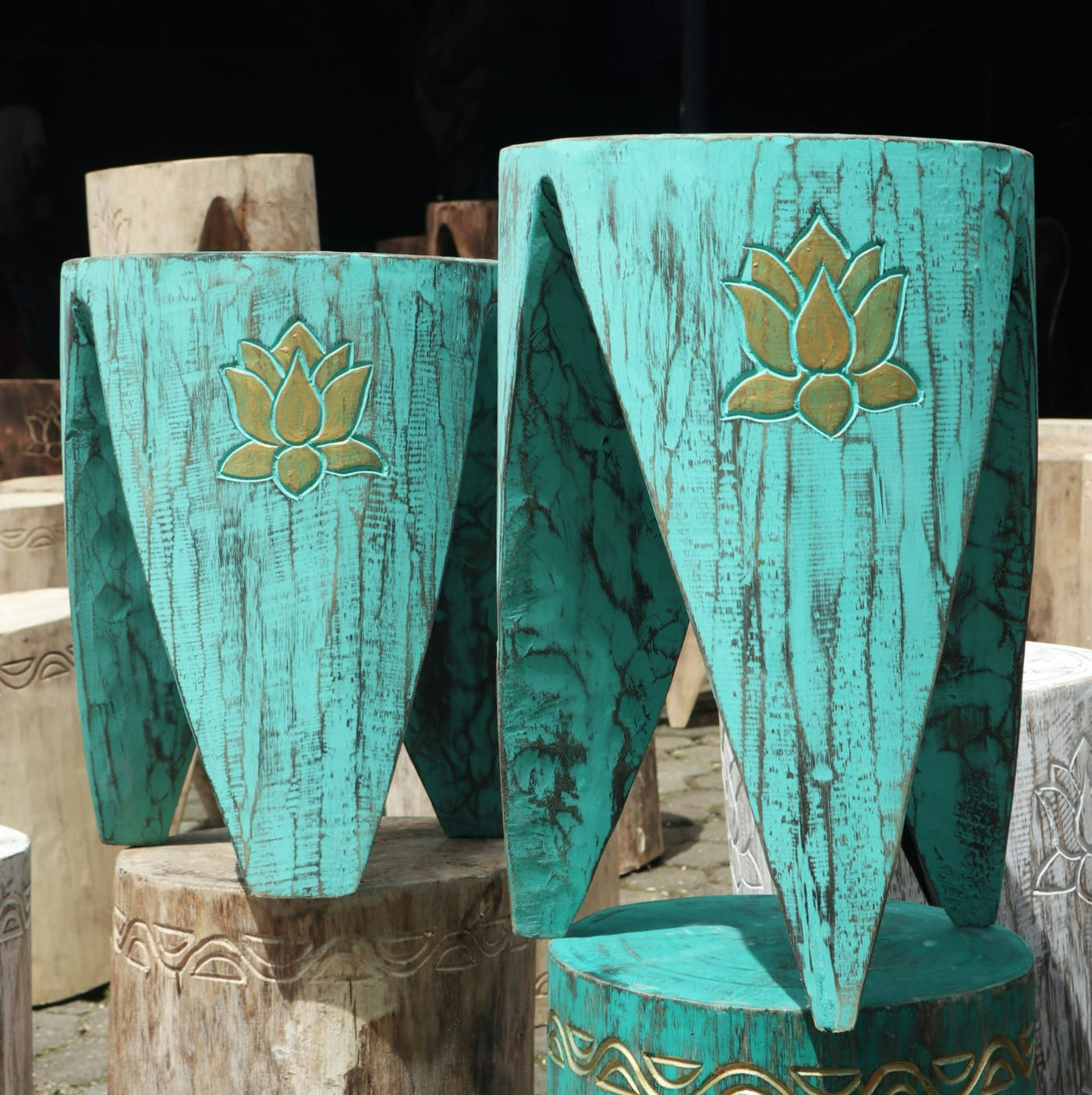 Set Of Two Natural Wooden Tribal Turquoise Tables Stools With Lotus Design.