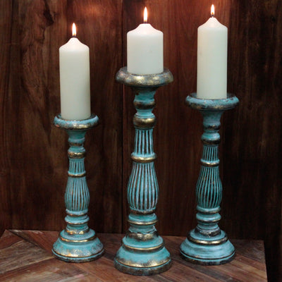 Large Wooden Vintage Green Gold Candle Holders.