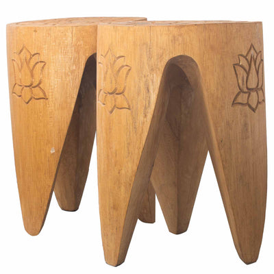 Set Of Two Natural Wooden Tribal Tables Stools With Lotus Design.