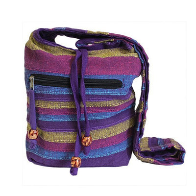 100 % cotton, natural ecological women's sling bag with purple, blue, beige stripes 