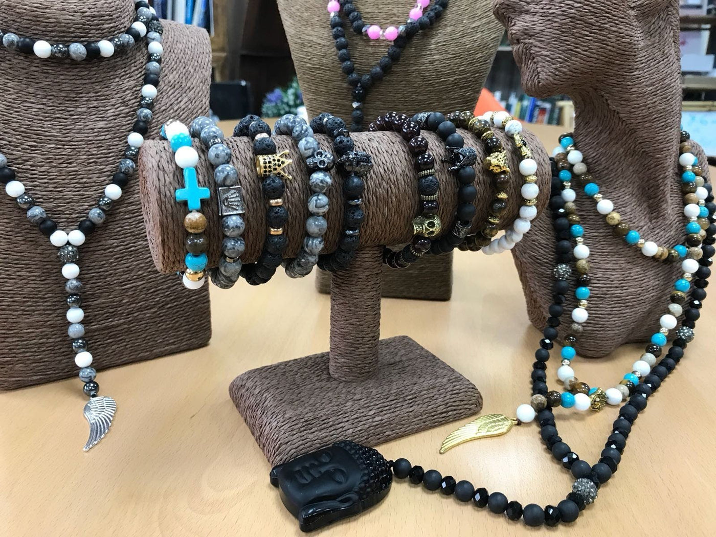Set Of 3 Unisex Turquoise Cross Tiger Eye Gemstone Bracelet 'Royal Beads'