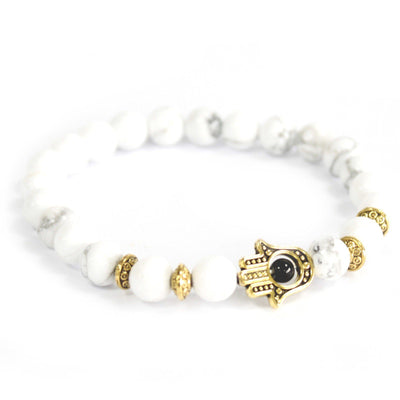 Set Of 3 Gold Hamsa Women's Howlite- White Stone Gemstone Bracelet