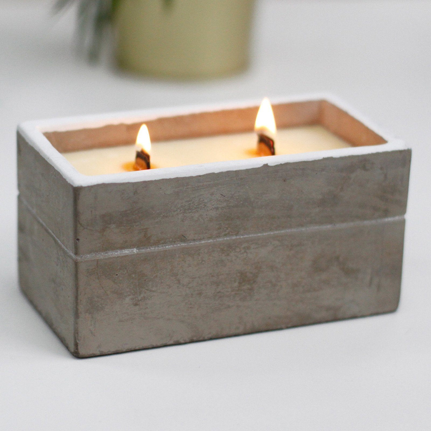 Large Grey Concrete Wooden Wick Fragranced Spiced South Sea Lime Double Candle With Gift Box.