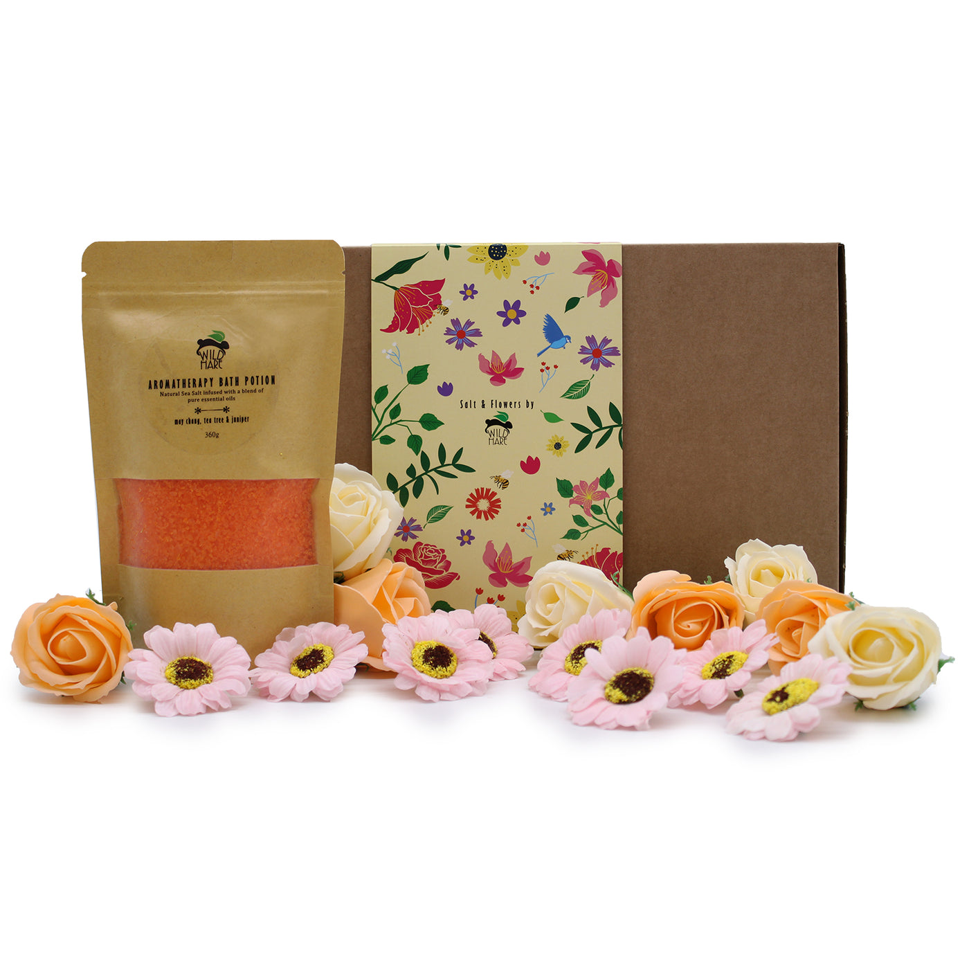 Salt Salt & Bath Flowers Bath Gift Sets With Pink Sunflowers And Yellow And Orange Roses.