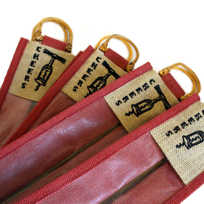 Burgundy Jute Wine Gift Bags With Clear Window And Cane Handle.