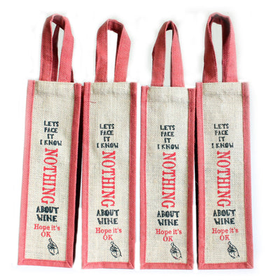 Natural Jute 'I know nothing' Printed Wine Gift Bags With Cane Handle.
