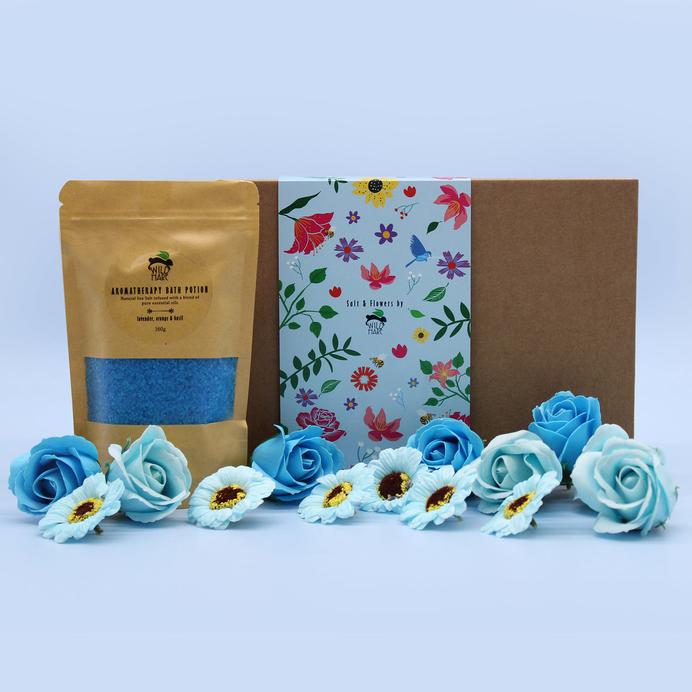 Wild Hare Salt & Flowers Bath Gift Set With Blue Roses And Sunflowers.