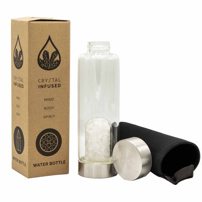 Clear Quartz Chipped Gemstone Infused Glass Water Bottle 500 ml.