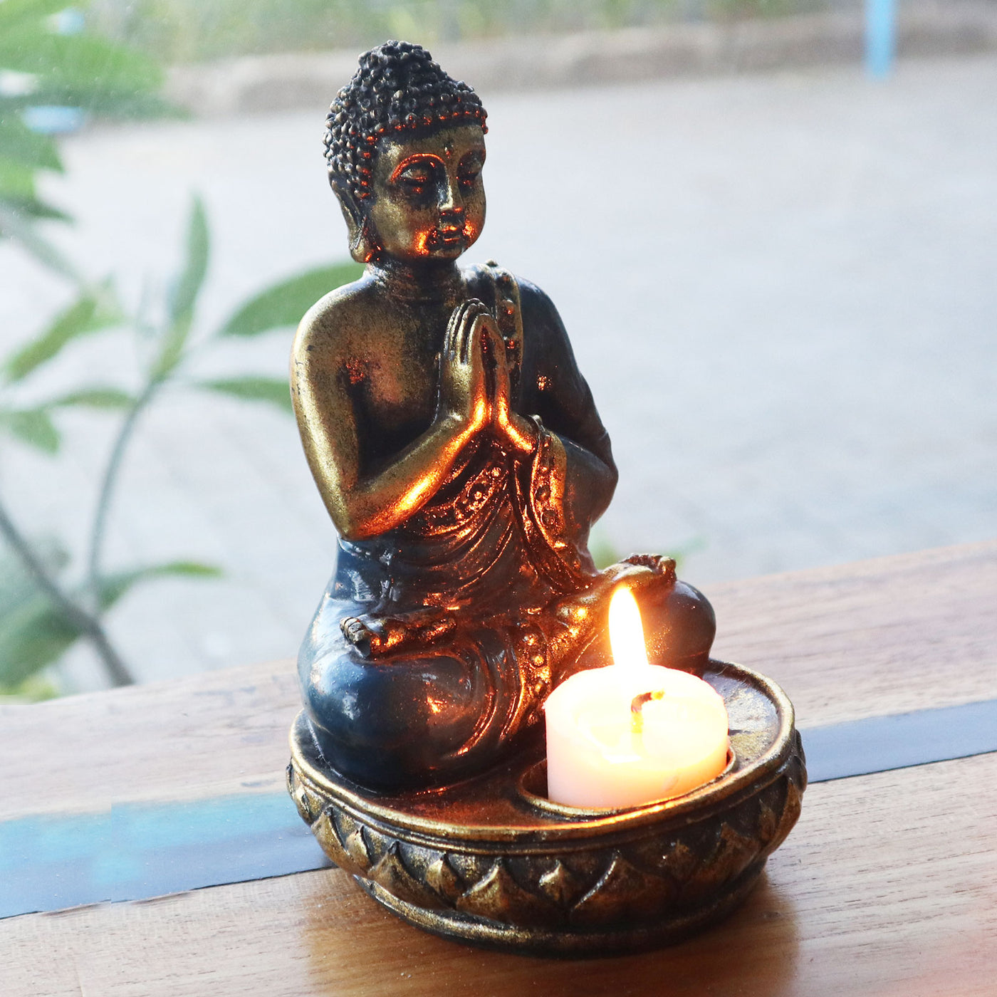 Silver Red Hand Painted Namaskara Mudra Buddha Candle Tealight Holder.