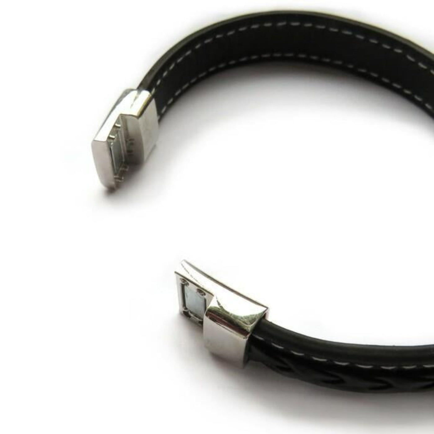 Men's Black Faux Leather Magnetic Plated Bracelet.