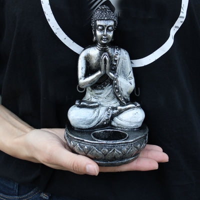 Silver Hand Painted Namaskara Mudra Buddha Candle Tealight Holder.