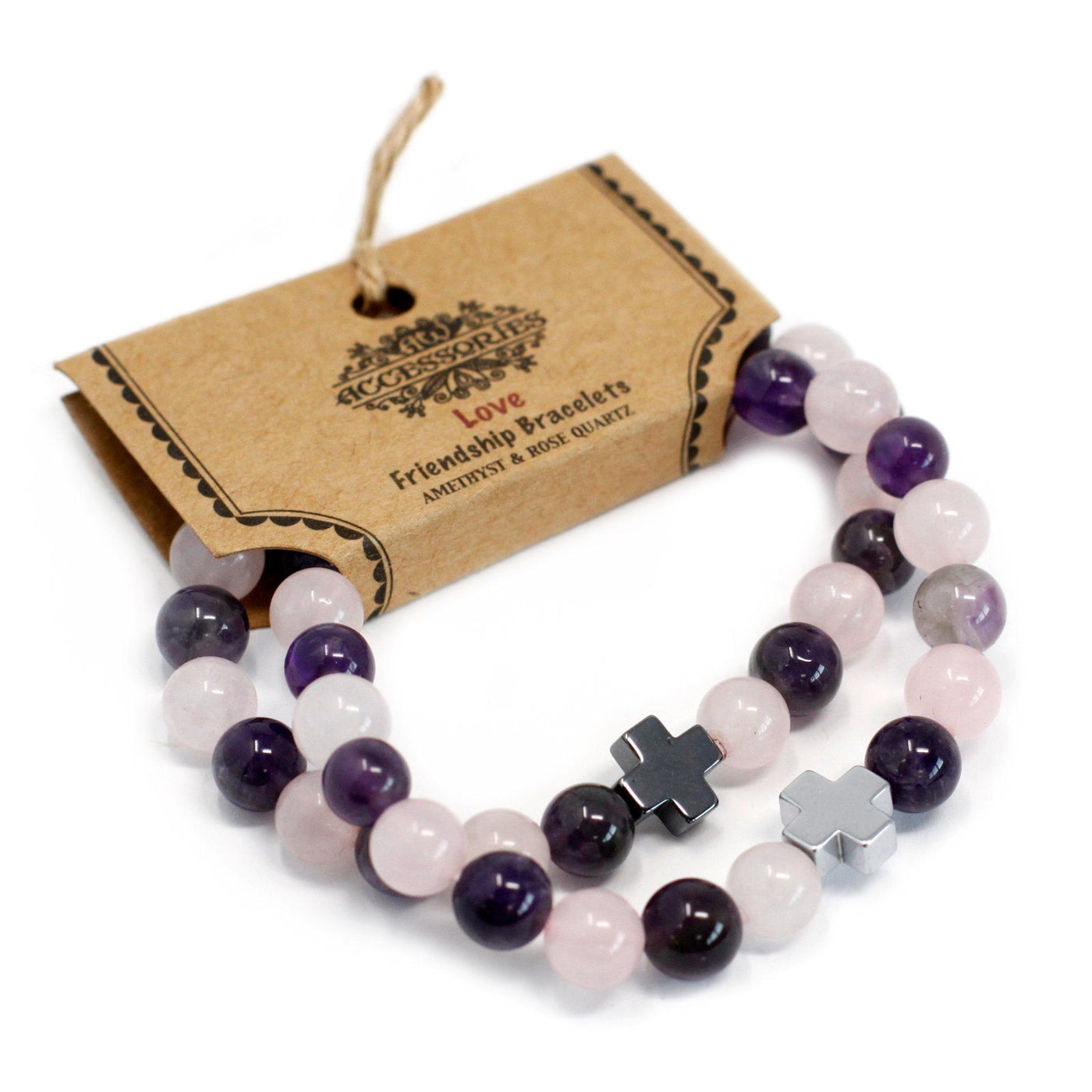 Set of 2 Women's Amethyst & Rose Quartz Gemstones Friendship Bracelets 'Love'
