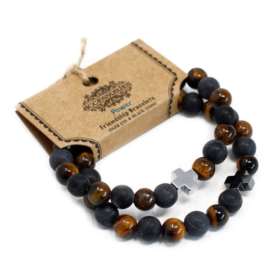 Set of 2 Unisex Tiger Eye & Black Stone Power Gemstones Friendship Bracelets 