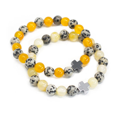 Set of 2 Unisex Dalmatian Jasper & Yellow Agate Gemstones Protection Friendship Bracelets.