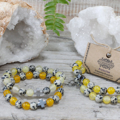 Set of 2 Unisex Dalmatian Jasper & Yellow Agate Gemstones Protection Friendship Bracelets.