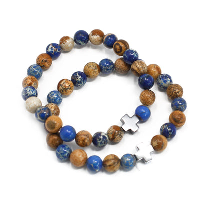 Set Of 2 Unisex Sodalite & Picture Gemstones Support Friendship Bracelets.