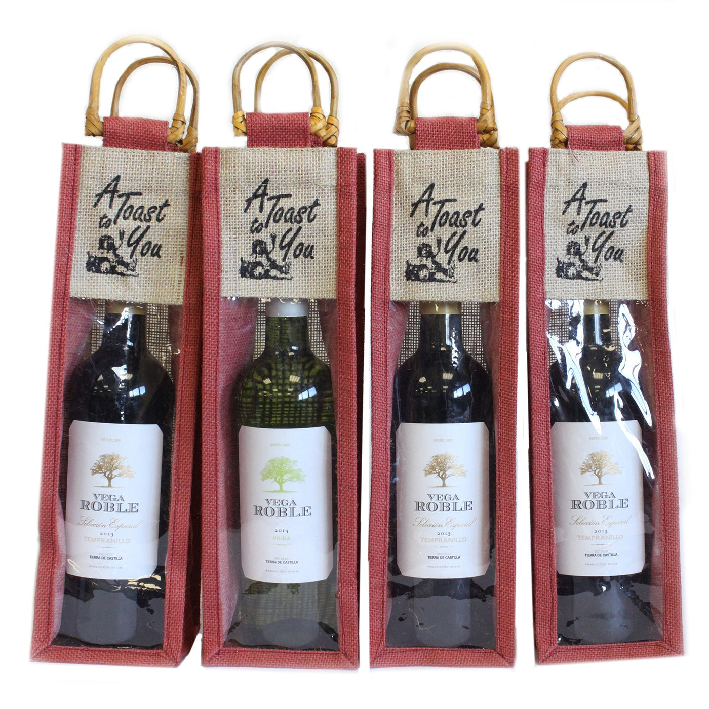 Natural Jute 'A Toast For You' Printed Wine Gift Bags With Clear Window And Cane Handle.