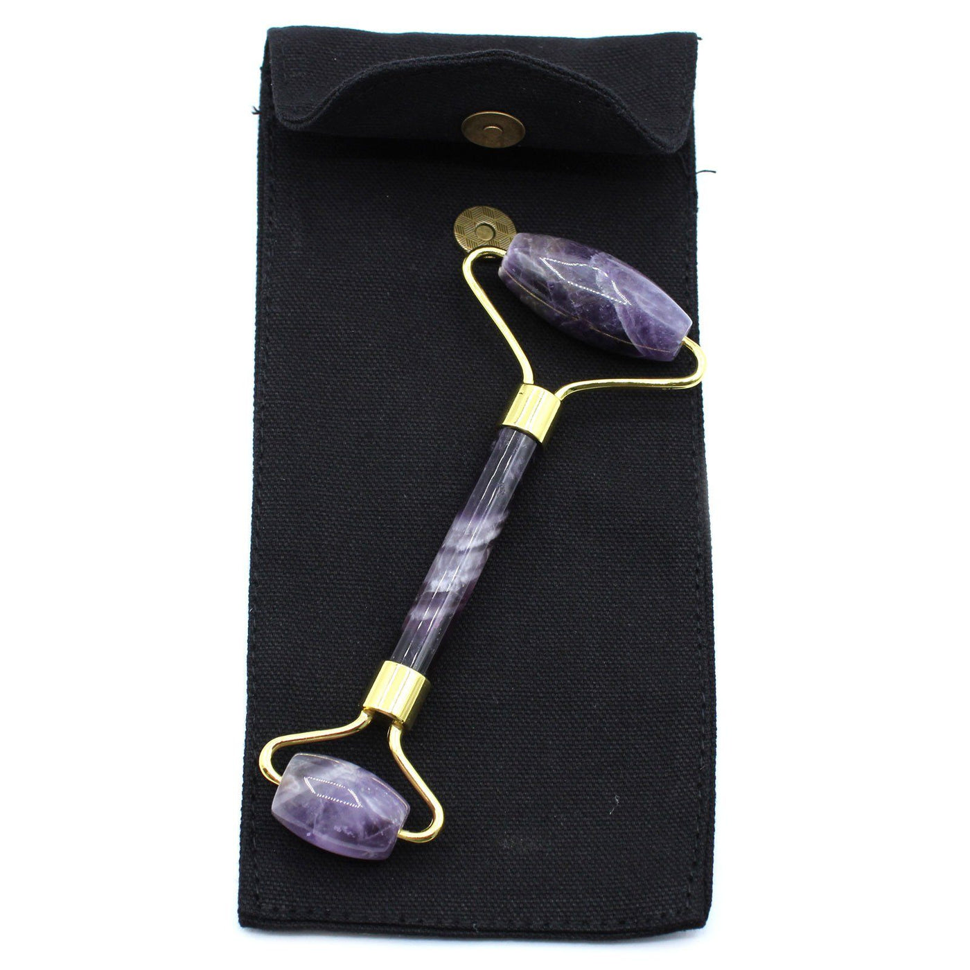 Natural Amethyst Gemstone Double Sided Face Roller In Cosmetic Pouch. 